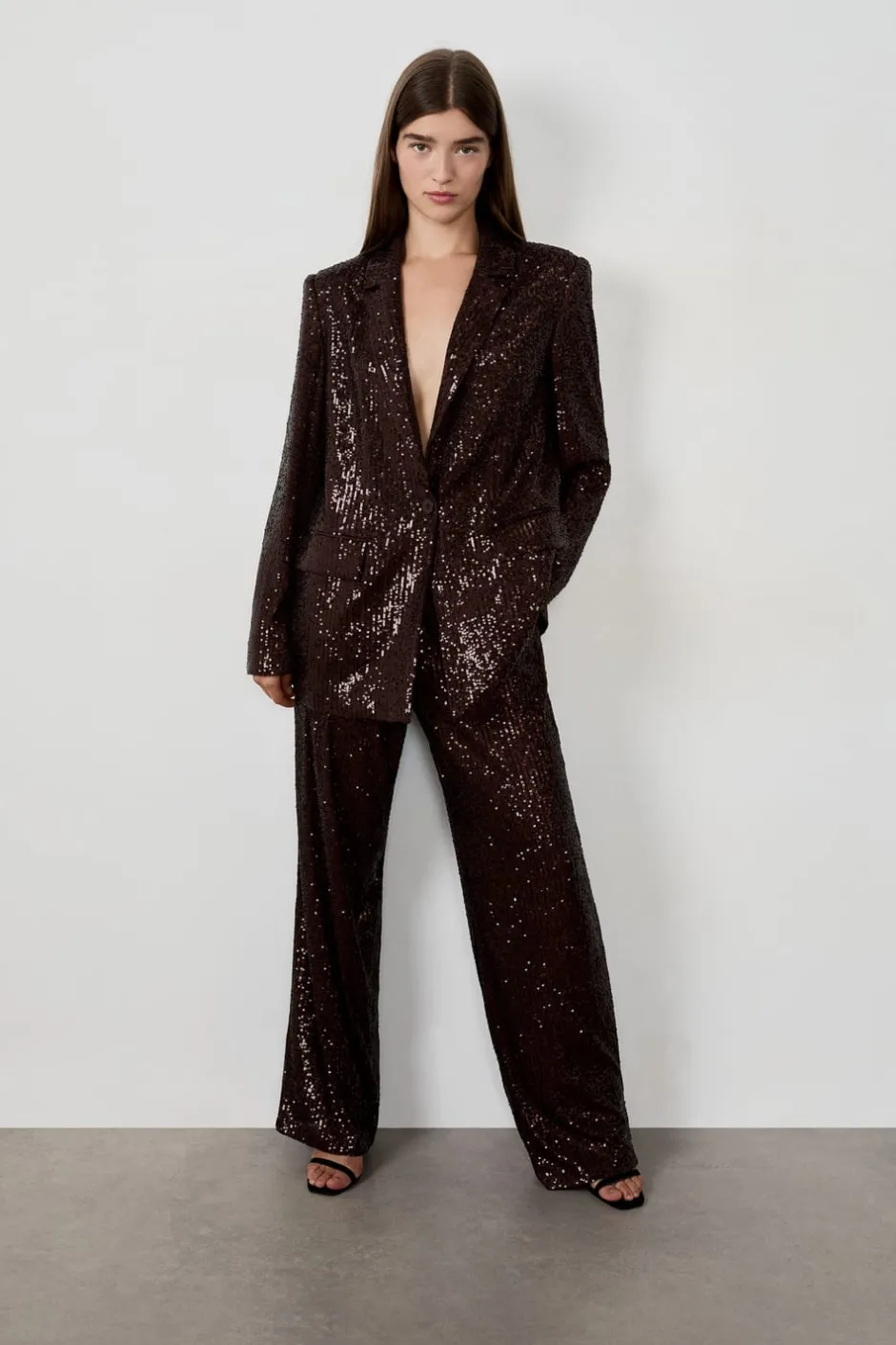 ETAM Corte Recto|Pantalones|Pantalón corte ancho con lentejuelas MARRÓN