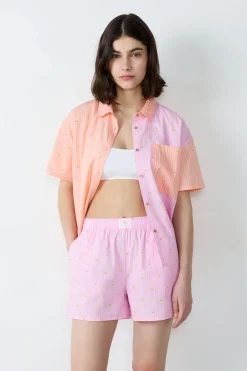 ETAM Partes De Abajo De Pijama|Los Pijamas Más Responsables|Pantalón corto de pijama a rayas de algodón Smiley®ORIGINALS ROSA
