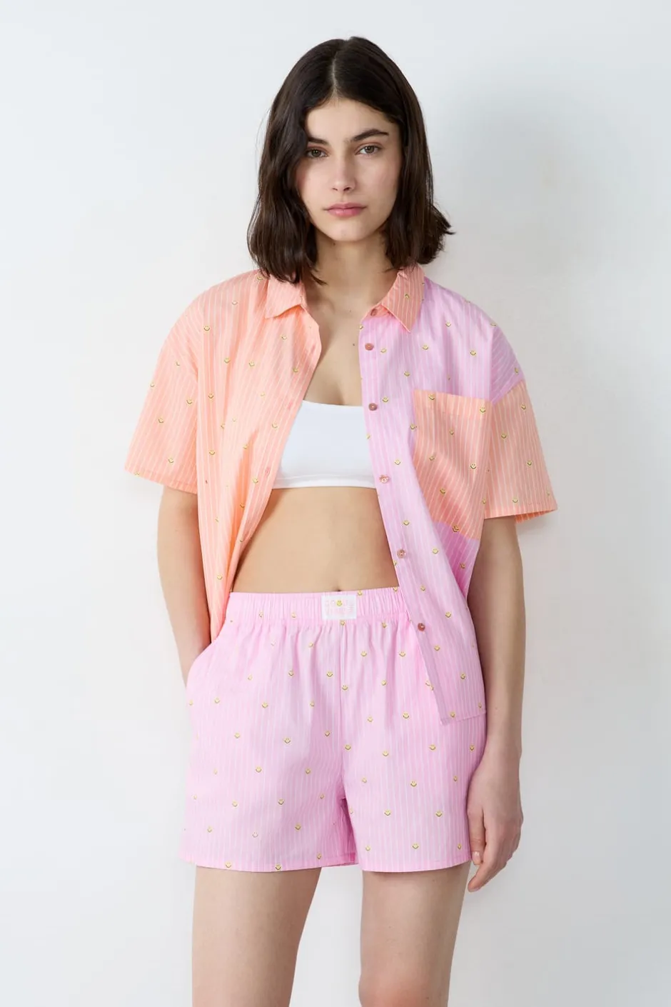 ETAM Partes De Abajo De Pijama|Los Pijamas Más Responsables|Pantalón corto de pijama a rayas de algodón Smiley®ORIGINALS ROSA
