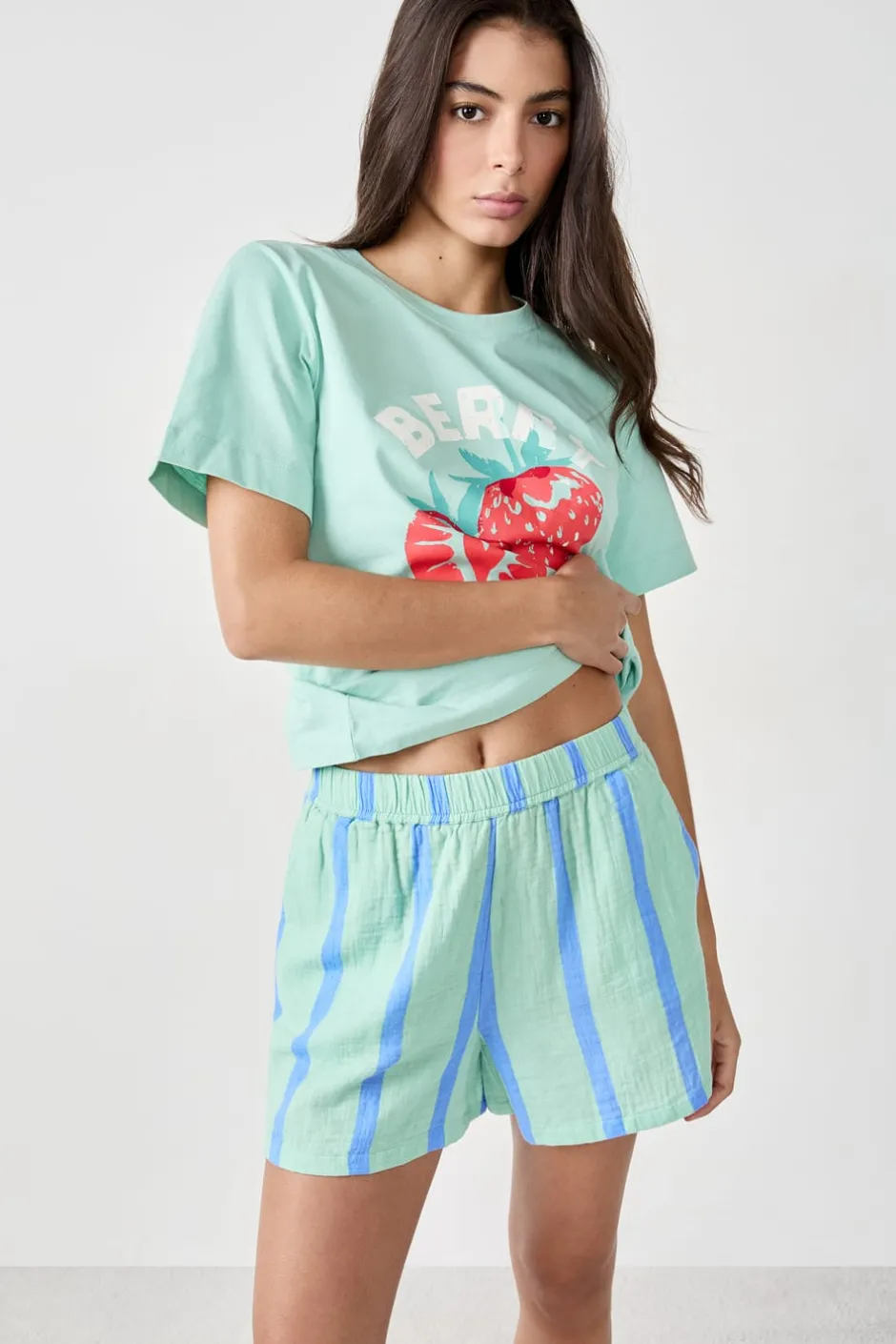 ETAM Partes De Abajo De Pijama|Los Pijamas Más Responsables|Pantalón corto de pijama a rayas de algodón AZUL CLARO