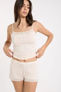 ETAM Los Pijamas Más Responsables|Pijamas Esenciales|Pantalón corto de pijama con detalles de encaje ROSA
