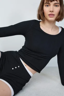 ETAM Partes De Abajo De Pijama|Los Pijamas Más Responsables|Pantalón corto de pijama de algodón de canalé, corte recto NEGRO