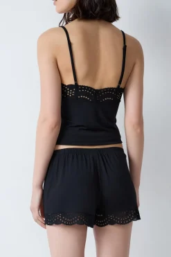 ETAM Partes De Abajo De Pijama|Los Pijamas Más Responsables|Pantalón corto de pijama de modal con detalles de encaje NEGRO