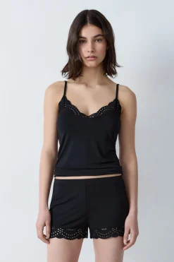 ETAM Partes De Abajo De Pijama|Los Pijamas Más Responsables|Pantalón corto de pijama de modal con detalles de encaje NEGRO