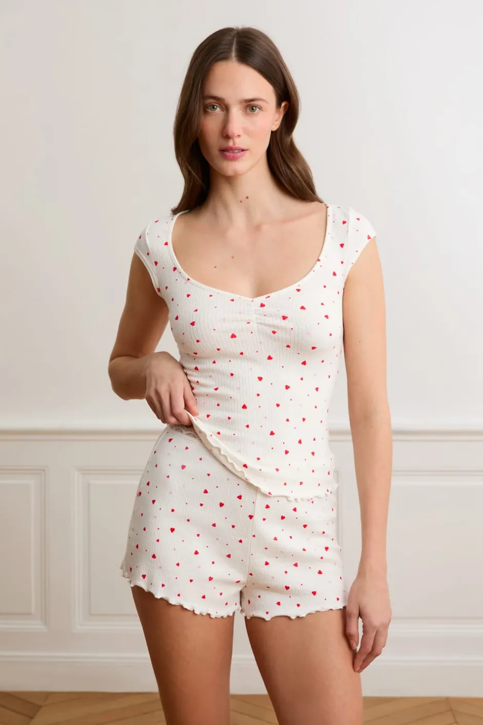ETAM Los Pijamas Más Responsables|Partes De Abajo De Pijama|Pantalón corto de pijama de punto calado con estampado de corazones de algodón IMP FD crudo