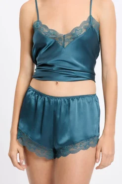 ETAM Partes De Abajo De Pijama|Pantalón corto de pijama satinado con detalles de encaje AZUL PETRÓLEO