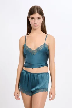 ETAM Partes De Abajo De Pijama|Pantalón corto de pijama satinado con detalles de encaje AZUL PETR&Oacute;LEO