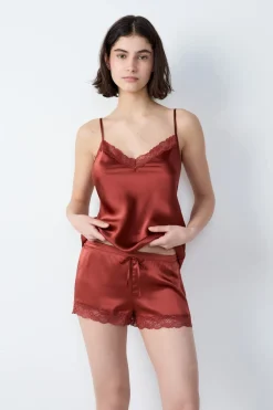 ETAM Pijamas De Seda|Partes De Abajo De Pijama|Pantalón corto de seda con detalle de encaje MARR&Oacute;N