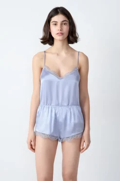 ETAM Pijamas De Seda|Partes De Abajo De Pijama|Pantalón corto de seda con detalle de encaje AZUL CIELO