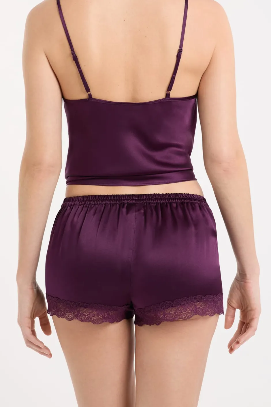 ETAM Pijamas De Seda|Partes De Abajo De Pijama|Pantalón corto de seda con detalles de encaje morado