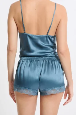 ETAM Pijamas De Seda|Partes De Abajo De Pijama|Pantalón corto de seda con detalles de encaje AZUL OSCURO
