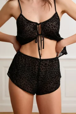ETAM Pijamas Sexy|Partes De Abajo De Pijama|Pantalón corto de tul con estampado de leopardo NEGRO