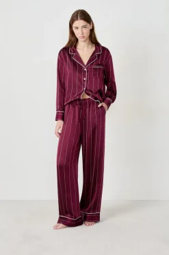 ETAM Partes De Abajo De Pijama|Los Pijamas Más Responsables|Pantalón de pijama a rayas de satén BURDEOS GRANATE