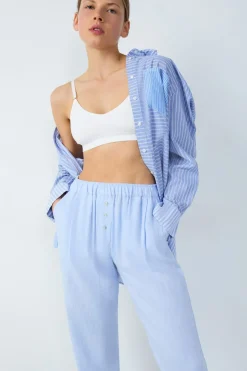 ETAM Partes De Abajo De Pijama|Los Pijamas Más Responsables|Pantalón de pijama recto de lino AZUL