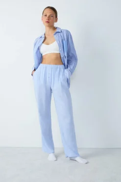 ETAM Partes De Abajo De Pijama|Los Pijamas Más Responsables|Pantalón de pijama recto de lino AZUL