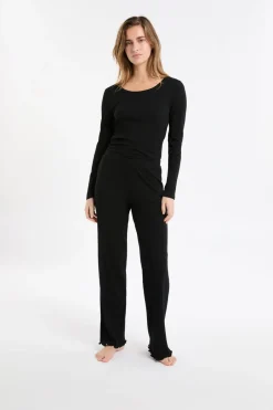 ETAM Homewear|Pijamas Esenciales|Pantalón de pijama Richelieu de punto elástico NEGRO