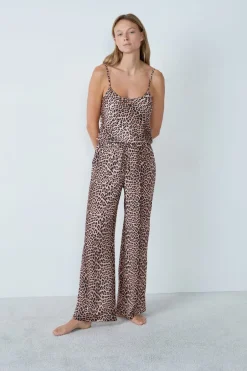 ETAM Pijamas Sexy|Partes De Abajo De Pijama|Pantalón de pijama satinado con de leopardo ESTAMPADO