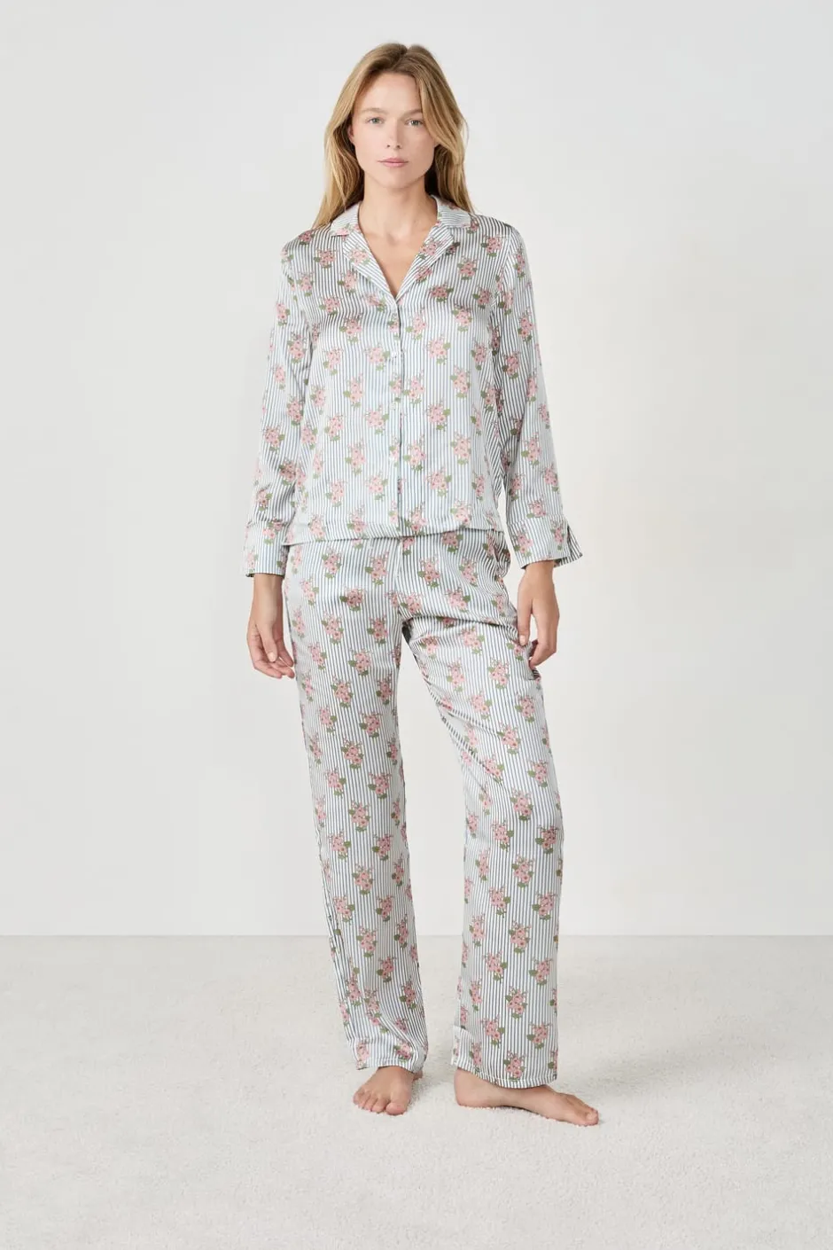 ETAM Partes De Abajo De Pijama|Los Pijamas Más Responsables|Pantalón de pijama satinados con estampado floral IMP FD BLANCO