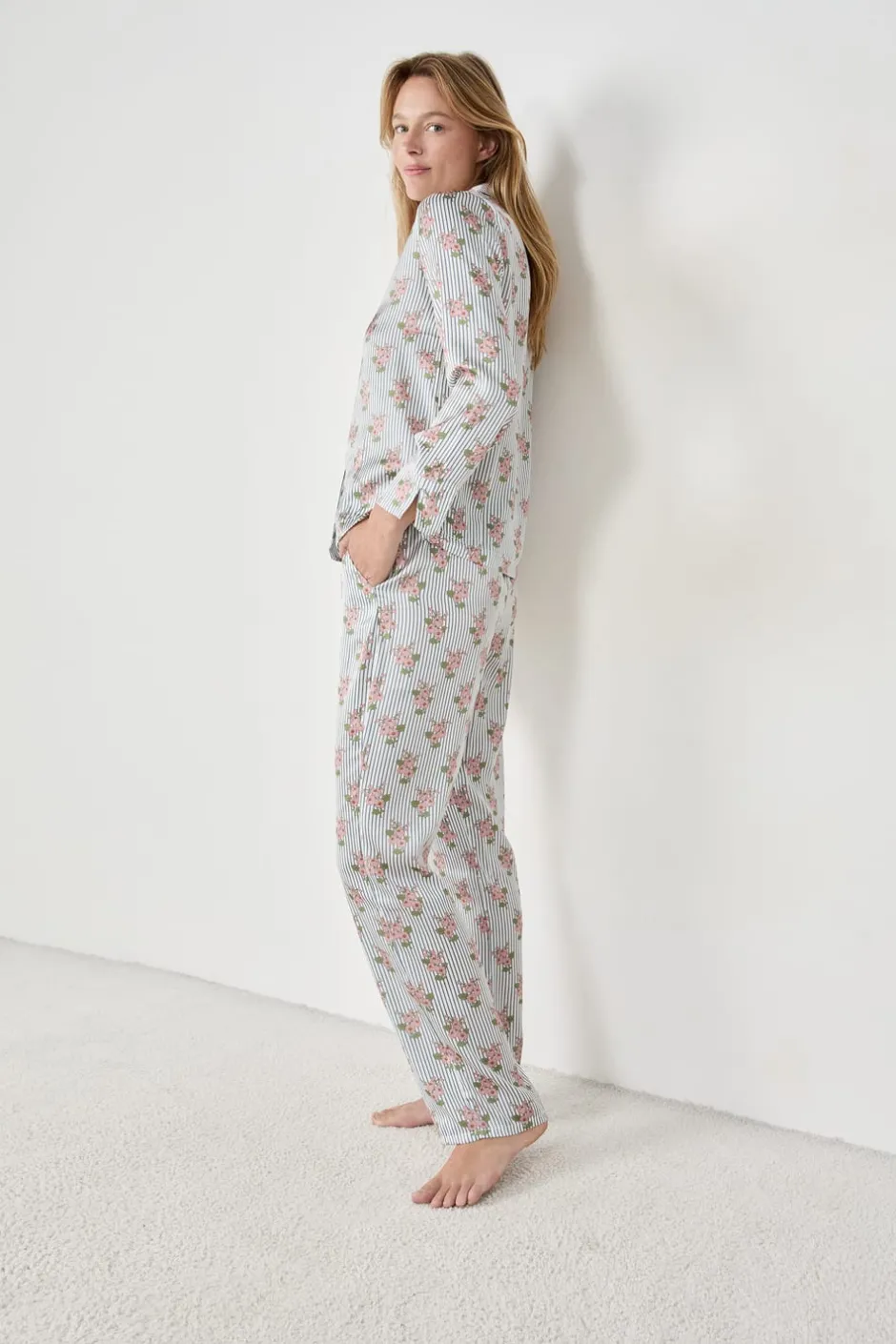 ETAM Partes De Abajo De Pijama|Los Pijamas Más Responsables|Pantalón de pijama satinados con estampado floral IMP FD BLANCO