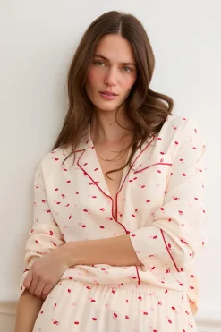 ETAM Los Pijamas Más Responsables|Partes De Arriba De Pijama|Pantalón de pijama satinados con estampado de besos IMP FOND ROSA