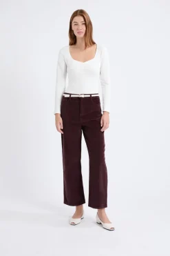 ETAM Corte Recto|Pantalones|Pantalón recto de algodón con efecto terciopelo CHOCOLATE