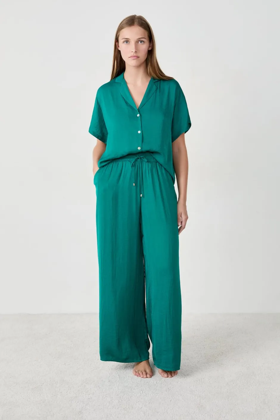 ETAM Partes De Abajo De Pijama|Pantalón satinado de corte ancho VERDE