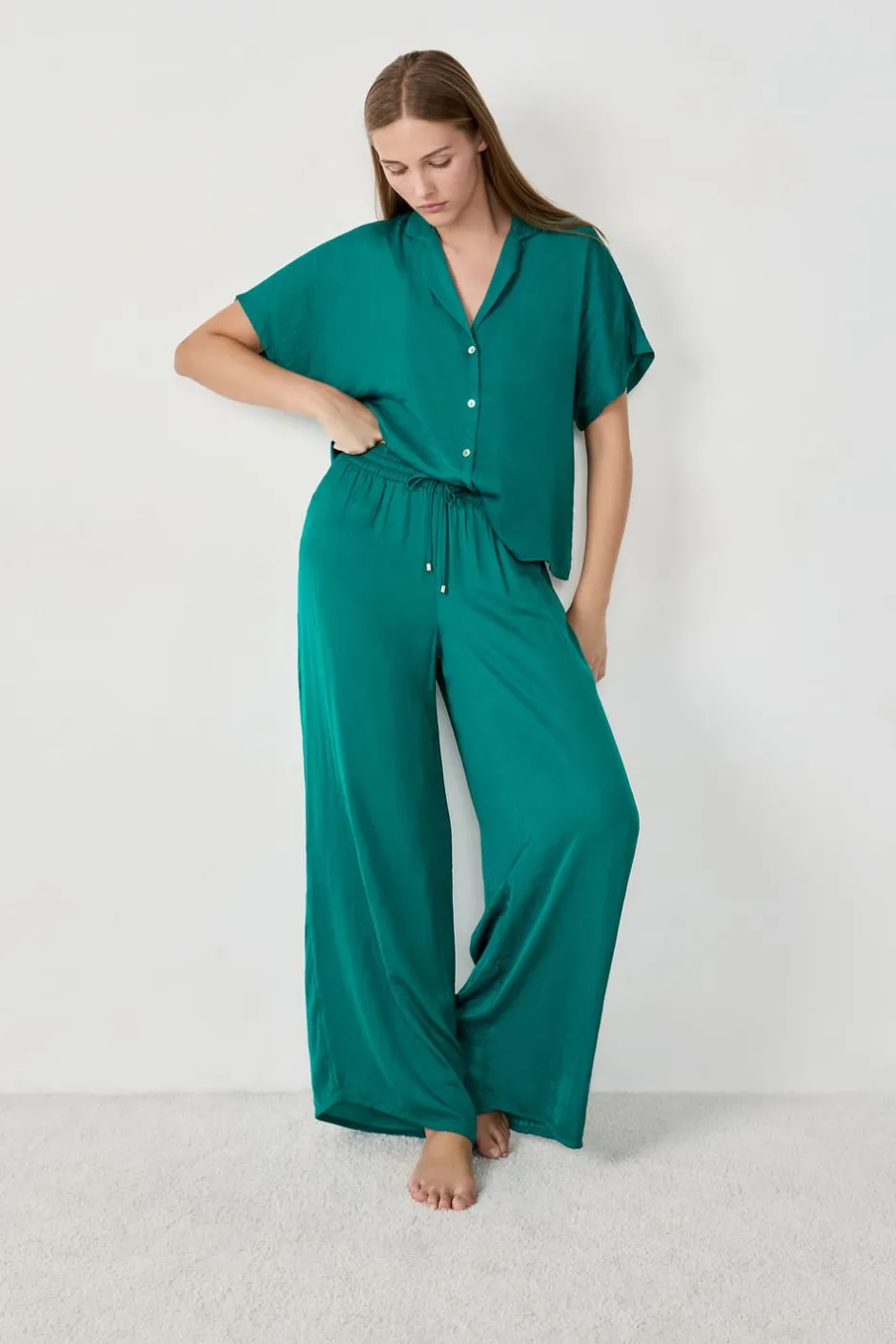 ETAM Partes De Abajo De Pijama|Pantalón satinado de corte ancho VERDE