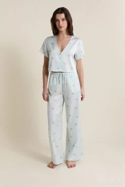 ETAM Los Pijamas Más Responsables|Partes De Abajo De Pijama|Pantalon de pyjama satiné à motifs IMP BLEU VERT