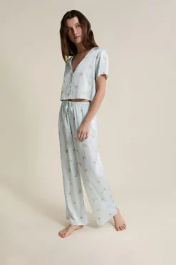 ETAM Los Pijamas Más Responsables|Partes De Abajo De Pijama|Pantalon de pyjama satiné à motifs IMP BLEU VERT