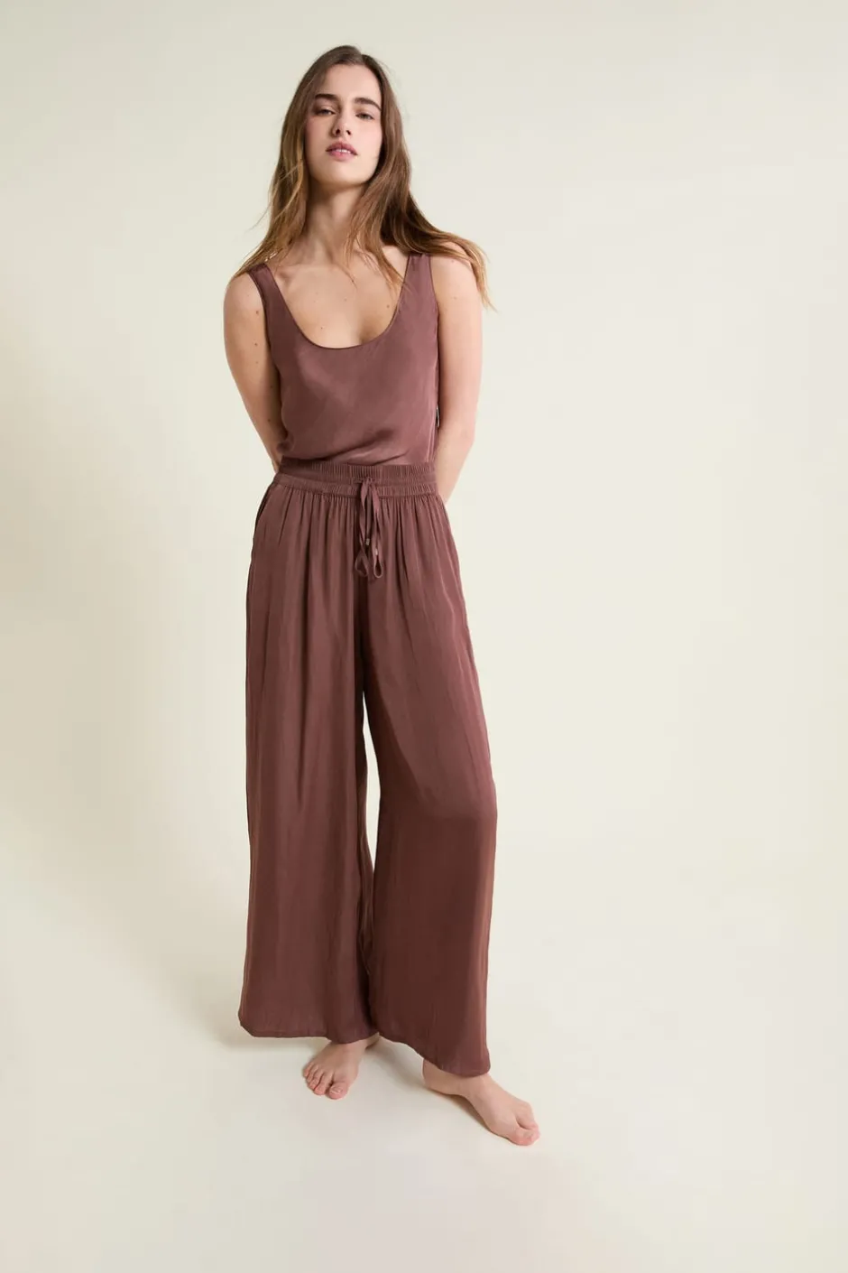 ETAM Partes De Abajo De Pijama|Pantalon satiné coupe large CHOCOLAT
