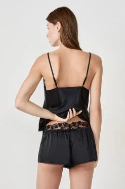 ETAM Partes De Abajo De Pijama|Los Pijamas Más Responsables|Pantalones cortos de pijama satinados con detalles de encaje NEGRO