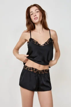 ETAM Partes De Abajo De Pijama|Los Pijamas Más Responsables|Pantalones cortos de pijama satinados con detalles de encaje NEGRO