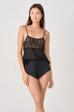 ETAM Pijamas Sexy|Partes De Abajo De Pijama|Pantalones cortos de pijama satinados con detalles de encaje NEGRO