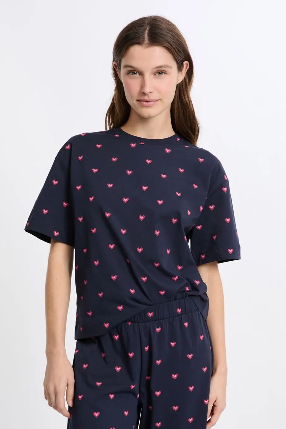 ETAM Los Pijamas Más Responsables|Pijamas 2 Y 3 Piezas|Pijama de 2 piezas con estampado de corazones de algodón MARINO