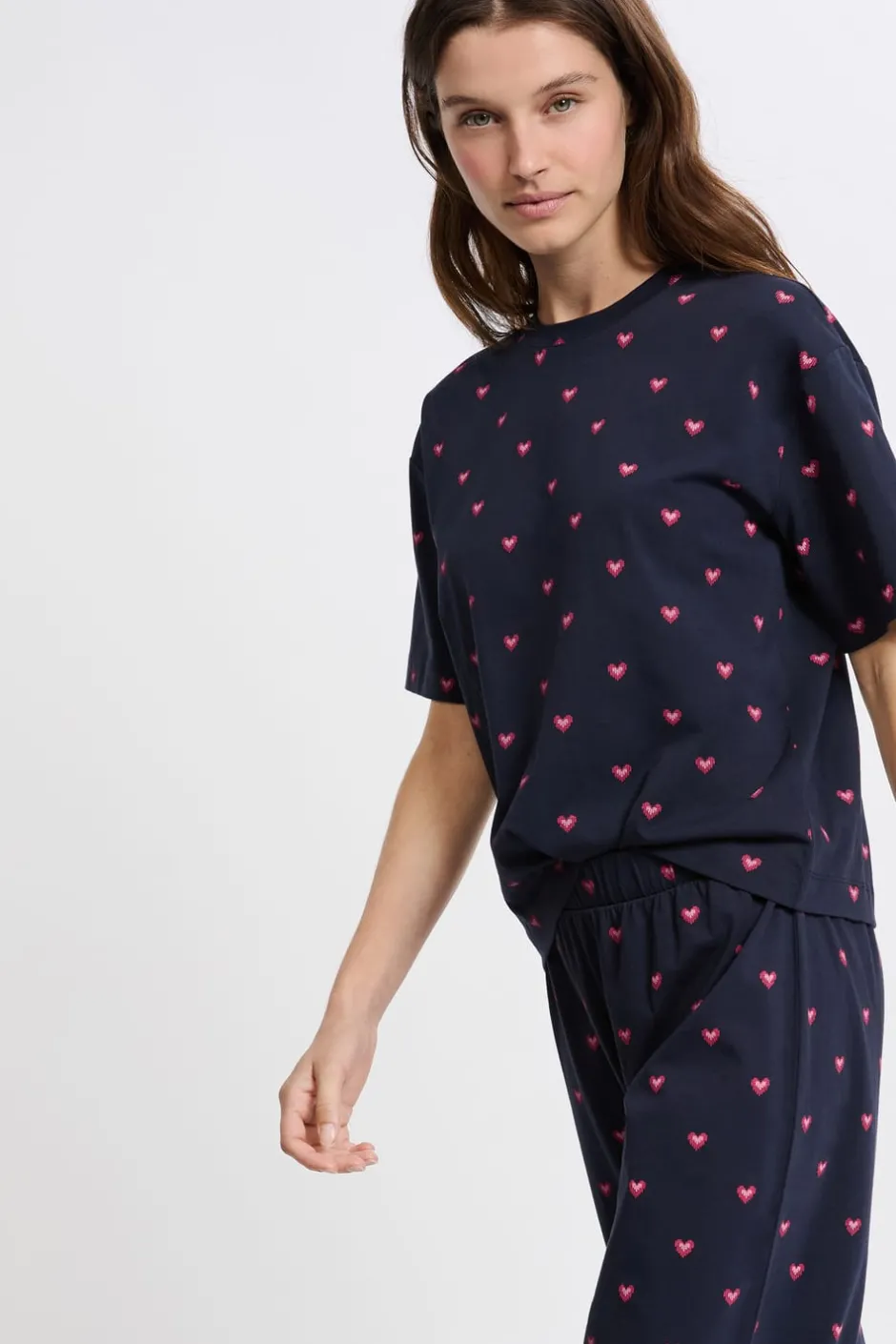 ETAM Los Pijamas Más Responsables|Pijamas 2 Y 3 Piezas|Pijama de 2 piezas con estampado de corazones de algodón MARINO