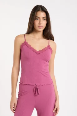 ETAM Los Pijamas Más Responsables|Pijamas 2 Y 3 Piezas|Pijama de dos piezas de punto acanalado con detalles de encaje PETUNIA