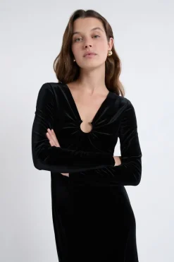 ETAM Vestidos Cortos|Vestidos Lisos|Robe à manches longues en velours avec détail anneaux NOIR