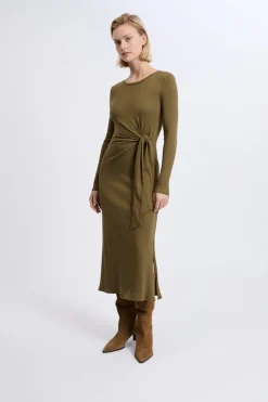 ETAM Vestidos Largos|Vestidos Lisos|Robe avec détail à nouer en coton ARGILE