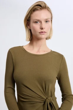 ETAM Vestidos Largos|Vestidos Lisos|Robe avec détail à nouer en coton ARGILE