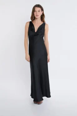 ETAM Vestidos Largos|Vestidos Lisos|Robe longue satinée NOIR