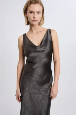 ETAM Vestidos Largos|Vestidos|Robe satinée à imprimé serpent IMP FD BRIQUE
