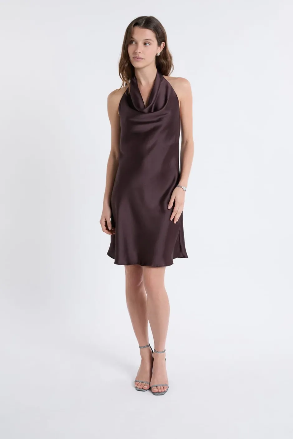 ETAM Vestidos Cortos|Vestidos Lisos|Robe satinée avec col benitier MARRON