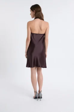 ETAM Vestidos Cortos|Vestidos Lisos|Robe satinée avec col benitier MARRON