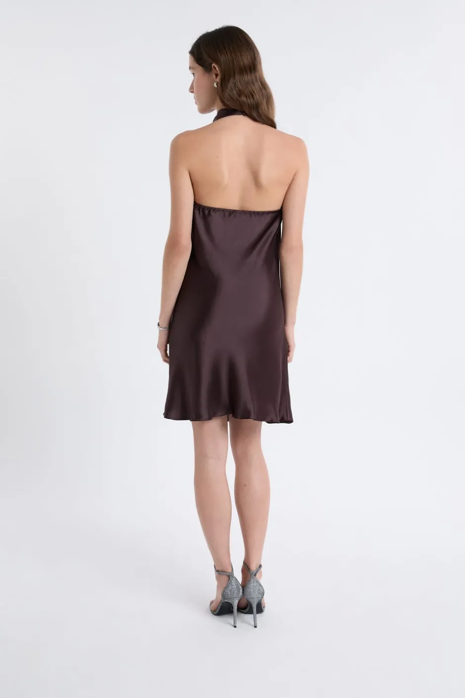 ETAM Vestidos Cortos|Vestidos Lisos|Robe satinée avec col benitier MARRON