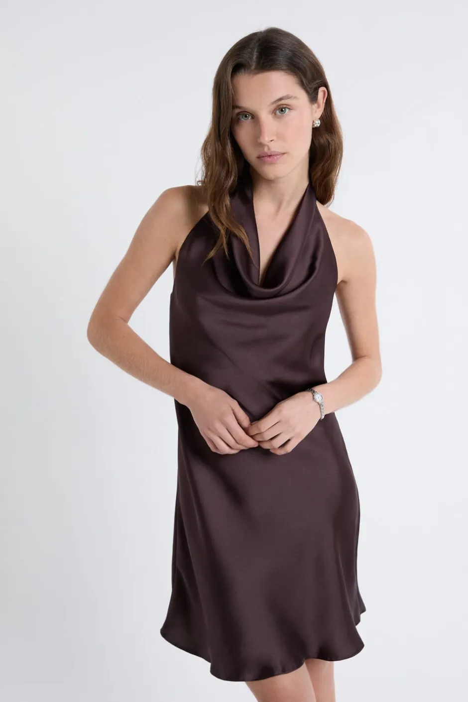 ETAM Vestidos Cortos|Vestidos Lisos|Robe satinée avec col benitier MARRON