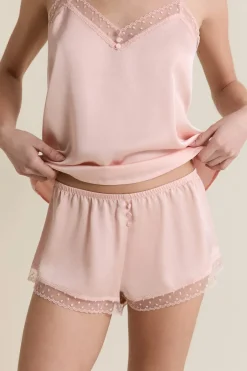 ETAM Los Pijamas Más Responsables|Partes De Abajo De Pijama|Short de pyjama satiné détails brodés ROSE POUDRE