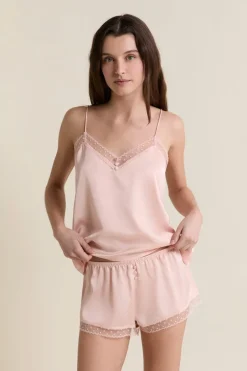 ETAM Los Pijamas Más Responsables|Partes De Abajo De Pijama|Short de pyjama satiné détails brodés ROSE POUDRE