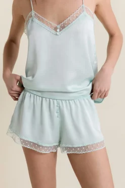 ETAM Los Pijamas Más Responsables|Partes De Abajo De Pijama|Short de pyjama satiné détails brodés BLEU VERT