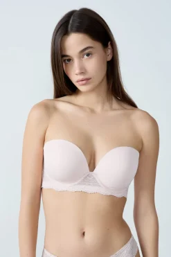 ETAM Sujetadores De Encaje|Sin Tirantes|Sujetador bandeau con tirantes desmontables - Copa D ROSA EMPOLVADO
