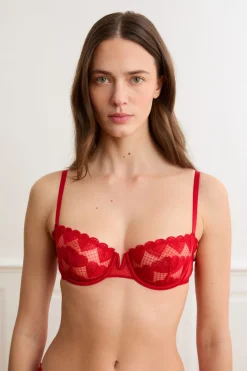 ETAM Sujetadores Talla Grande: Copas D-G|Sujetadores Sexy|Sujetador N.9 - Balconnet con bordado de corazones ROJO